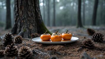 Serving Persimmons on a Plate in a Foggy Woodland Setting photo