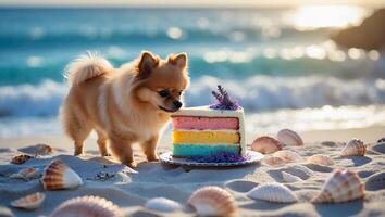 Small Dog Eyeing Colorful Cake on Sandy Beach with Ocean Waves photo
