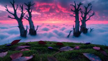Surreal Landscape with Trees, Clouds, Sunset, and Beetles on Grass photo