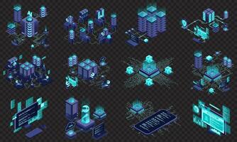 Set of isometric modern technology concept for cloud computing, datacenter, database, artificial intelligence, and blockchain technology, vector