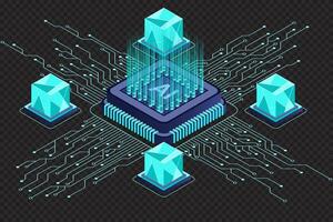 Isometric artificial intelligence chip concept. Artificial intelligence concept. Futuristic microchip processor. Isometric technology vector