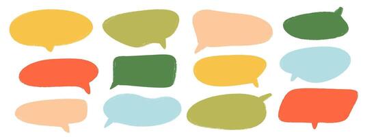 Colored hand drawn speech bubble collection. Doodled dialog box set. Scribbled textured marker comic talk frames. Bright sketched chat box pack. Red, blue, green balloon text box bundle. vector