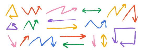 Hand drawn crayon arrow collection. Colorful zig zag and straight doodle arrows set. Charcoal sketch angled pointers and direction lines. Pastel pencil, chalk or marker brush stroke elements vector