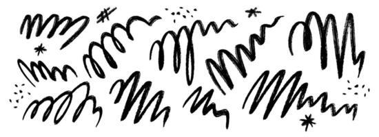 Hand drawn pen scribble set. Grunge crayon curly doodle line pack. Black free hand rough pencil scrawl try collection. Messy charcoal squiggle brush stroke bundle. Wiggly marker sketch swirl vector