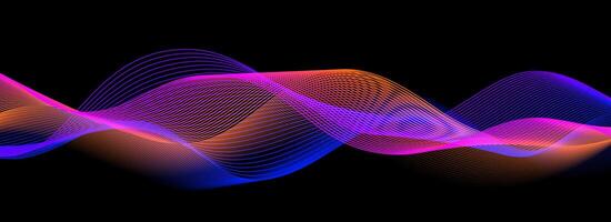 Smooth neon sound wave on black background. Abstract flowing wavy lines design for ai concept, eq equalizer, audio record, voice assistant. Blue pink orange purple gradient stripe wallpaper. vector
