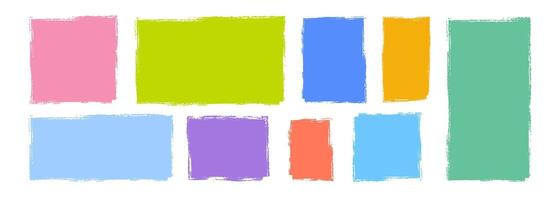 Colorful crayon text box set. Hand drawn rectangle and square sticker shape collection. Rough edge geometric patch pack. Doodled borders and frames. Bright painted elements for collage, banner vector