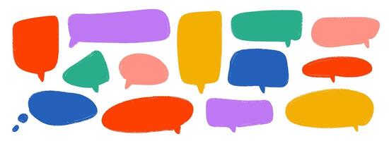 Colored hand drawn speech bubble collection. Playful Doodled marker dialog box set. Scribbled textured comic talk frames. Bright sketched chat box pack. Red and blue balloon text box bundle vector