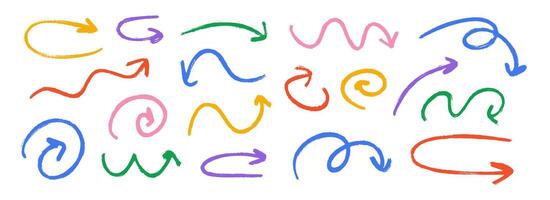 Hand drawn crayon wavy arrow collection. Colored curved, wiggle and squiggle doodled arrows set. Charcoal sketch pointer and direction lines. Pastel pencil, chalk or marker brush strokes vector