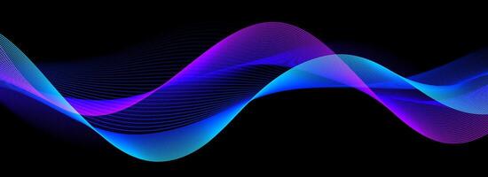 Blue purple neon sound wave on black background. Abstract flowing wavy dot line design for ai concept, equalizer, audio record, voice assistant. Glowing gradient dashed curve stripe wallpaper vector