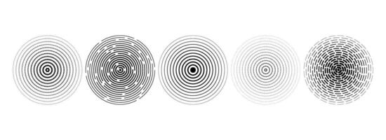 Black linear concentric circles. Dotted and dashed round sound wave collection. Epicenter, target, radar, sonar icon concept. Halftone radial radio signal or vibration element pack. vector