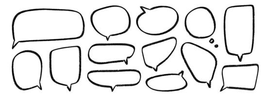 Hand drawn speech bubbles set. Doodled crayon dialog boxes. Sketched textured comic talk frames. Round, square or rectangle balloon text box bundle. Chalk pencil chat cloud pack vector