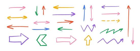 Colorful hand drawn crayon arrow collection. Straight zig zag and dash doodle arrows set. Charcoal sketch pointers and direction lines. Pastel pencil, chalk or marker brush stroke elements vector