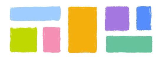 Colorful crayon text box set. Hand drawn rectangle sticker shape collection. Rough edge geometric patch pack. Playful doodled borders and frames. Bright painted elements for collage, banner vector