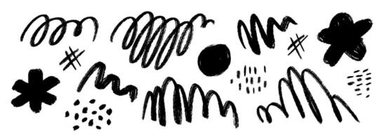Black hand drawn pen scribble set. Grunge crayon doodled line pack. Free hand rough curly pencil scrawl try collection. Messy charcoal squiggle brush stroke bundle. Wiggly marker sketch swirl vector