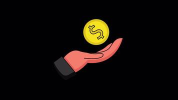 Hand Holding Coin Animated Illustration Icon. 4k Animation With Alpha Channel And Transparent Background video