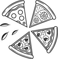 Four Delicious Pizza Slices with Various Toppings in a Whimsical Black and White Illustration - Professional digital artwork with vibrant colors and detailed composition vector