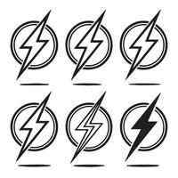 Six Stylish Black and White Lightning Bolt Icons in Circles Energetic Design Elements for Branding and Websites vector