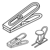 Three Isometric Line Drawings of Modern Clothes Pegs, Showing Different Sizes and Styles, on a Clean White Background. vector