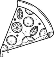 Delicious Hand-Drawn Slice of Pizza with Melted Cheese, Toppings, and Basil, Isolated on White Background in a Fun, Casual Style vector