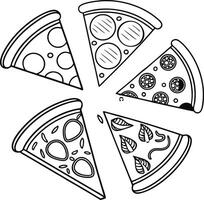 Five Delicious Pizza Slices Arranged in a Circle, A Fun Black and White Food Illustration, Appealing and Whimsical vector