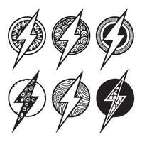 Six Stylish Ornate Lightning Bolt Designs in Circles Intricate, Hand-Drawn Flash Icons for Branding and Decoration vector