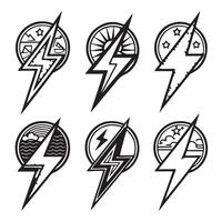 Six Stylish Black and White Lightning Bolt Designs with Nautical and Celestial Themes, Perfect for Branding and Apparel vector