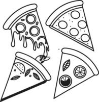 Delicious Melted Cheese Pizza Slices Four mouthwatering pizza slices with various toppings, displayed in a playful, appetizing line art style. vector