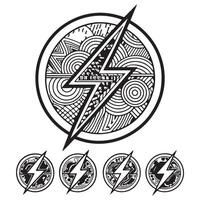 Intricate Ornate Lightning Bolt Emblem Design in Circular Frame Powerful Energy Symbol, Bold Black and White Graphic vector