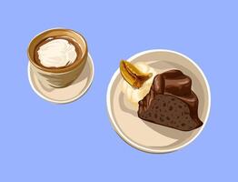 illustration of a cozy dessert set featuring a slice of rich chocolate cake with banana and whipped cream, paired with a cup of hot coffee topped with cream vector