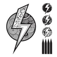 Striking Ornate Lightning Bolt Design Intricate Tattoo Style Flash Art with Circular Mandala Background and Coloring Pencils vector