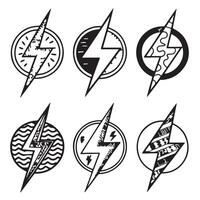 Six Stylish Hand-Drawn Lightning Bolt Designs in Circular Frames A Collection of Energetic and Edgy Flash Icons Perfect for Branding vector
