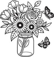 Charming Black and White Line Art of a Rustic Flower Bouquet in a Mason Jar with Butterflies, Perfect for Coloring Pages vector