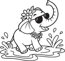 Cool Elephant Playing Joyfully in a Puddle A Fun Summer Coloring Page for Kids - Professional digital artwork with vibrant colors and detailed composition vector