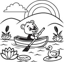 Happy Bear Cub Rowing Boat on Serene Lake Under Rainbow Coloring Page - Professional digital artwork with vibrant colors and detailed composition vector