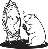 Adorable Prairie Dog Grooming Itself, Gazing at its Reflection in an Ornate Mirror, Charming Black and White Illustration vector