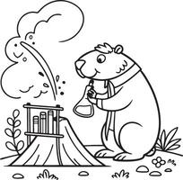 Cute Marmot Scientist Conducting a Volcanic Eruption Experiment in a Whimsical Black and White Coloring Page vector