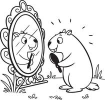 Adorable Groundhog Preening with Hand Mirror, Enjoying a Delightful Self-Care Moment in Nature - Professional digital artwork with vibrant colors and detailed composition vector