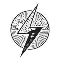 Striking Lightning Bolt Design in a Circular Sky and Cloudscape, Bold Line Art Illustration - Professional digital artwork with vibrant colors and detailed composition vector
