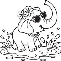 Adorable Baby Elephant Playing in a Puddle A Fun Summer Coloring Page with Flowers and Sunglasses vector
