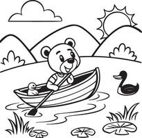 Adorable Teddy Bear Rowing a Boat on a Serene Lake Coloring Page A Happy Sunny Day vector