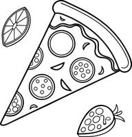 Delicious Pizza Slice Coloring Page A Fun, Whimsical Black and White Illustration Featuring Pizza, Lemon, and Strawberry vector