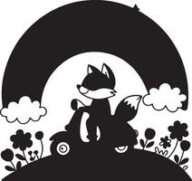 Adorable Fox on Scooter Silhouette Underneath a Serene Rainbow in a Whimsical Meadow - Professional digital artwork with vibrant colors and detailed composition vector
