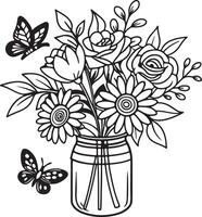Serene Black and White Line Art of a Mason Jar Flower Bouquet with Butterflies, Perfect for Coloring Pages and Home Decor vector