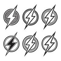 Six Stylish Monochrome Lightning Bolt Logos in Circular Frames Energy, Power, and Speed Design Elements for Branding vector