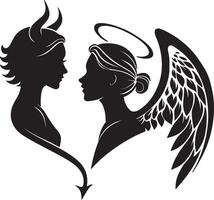 Romantic Silhouette of an Angel and Devil Facing Each Other in a Heart Shape, Symbolizing Loves Dual Nature, Dark and Light vector