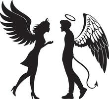 Dramatic Silhouette of Angel and Devil Figures Facing Each Other, a Gothic Romantic Encounter, in Black and White vector