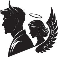Dramatic Silhouette of Devil and Angel A Striking Contrast of Good vs. Evil in a Moody Black and White Illustration vector