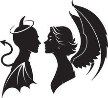 Romantic Silhouette of Devil and Angel Facing Each Other, Intense Gaze, Dark and Mysterious Mood, Gothic Art Style vector