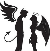 Romantic Silhouette of an Angel and Devil in Love, Embracing Opposites in a Dark and Mysterious Setting vector