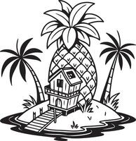 Idyllic Tropical Island Escape Charming Cottage Nestled on a Giant Pineapple, Serene Ocean Setting - Professional digital artwork with vibrant colors and detailed composition vector